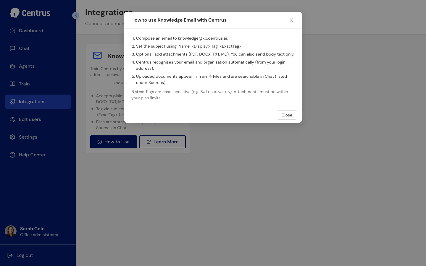 How to use Knowledge Email with Centrus, listing the five steps and the case-sensitive tag note.